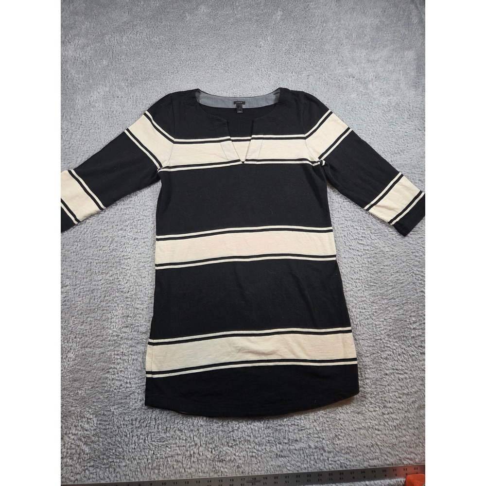 J.Crew Tunic Dress S Black Striped Women Split Neck 3/4 Sleeve A3936